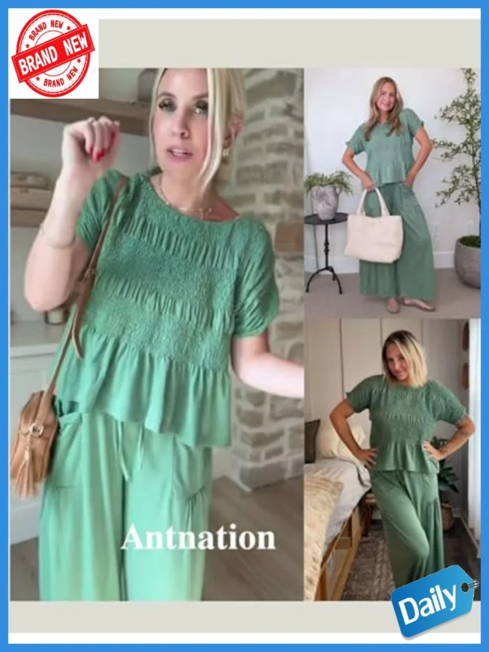 2 Piece Lounge Set Smocked Top Wide-Leg Pants with Pockets